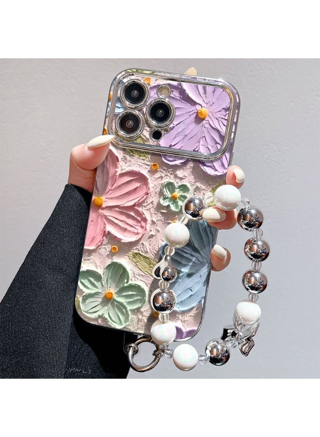 NIBEMINENT Electroplated Flowers Protective TPU Case Cover For iPhone 14 Pro, Flat Wax Crayon Flowers With Silver Heart Beads - Image 3