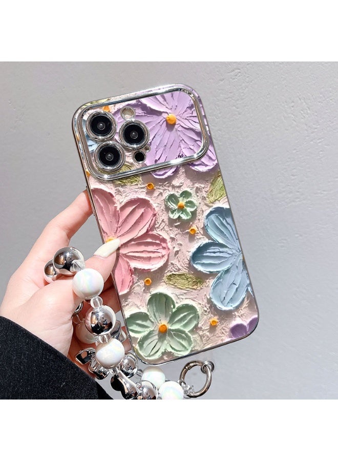 NIBEMINENT Electroplated Flowers Protective TPU Case Cover For iPhone 14 Pro, Flat Wax Crayon Flowers With Silver Heart Beads - Image 2