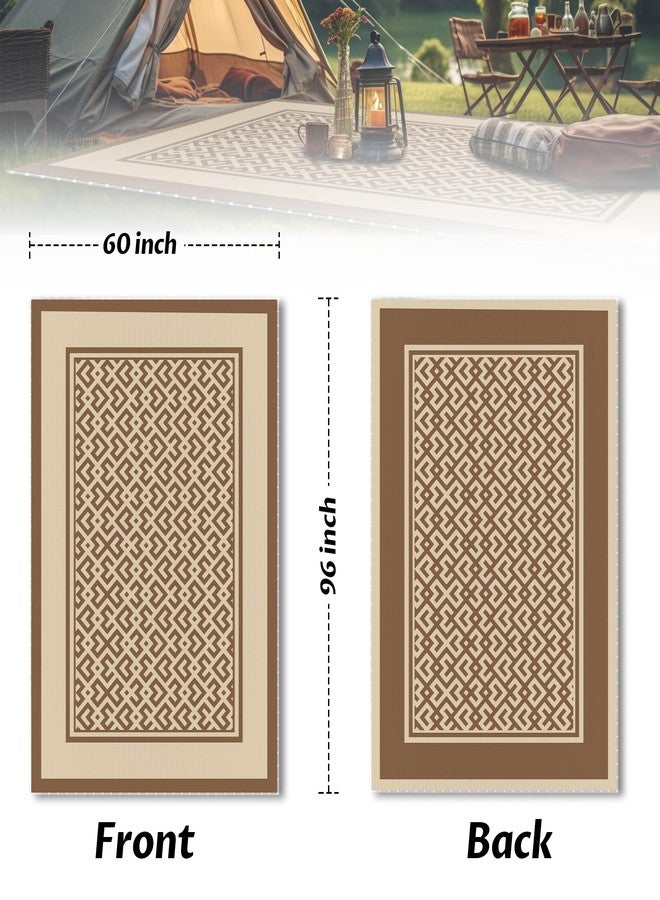 Pafolo Outdoor Rug Waterproof, 5'x8' Reversible Patio Rug with Lights, 4 Rug Stakes, Non Shedding, Easy Cleaning, Foldable Outside Mat for RV, Camping, Porch, Deck, Beach, Patio, Picnic, Brown&White - Image 2