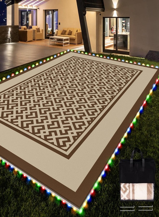 Pafolo Outdoor Rug Waterproof, 5'x8' Reversible Patio Rug with Lights, 4 Rug Stakes, Non Shedding, Easy Cleaning, Foldable Outside Mat for RV, Camping, Porch, Deck, Beach, Patio, Picnic, Brown&White - Image 1