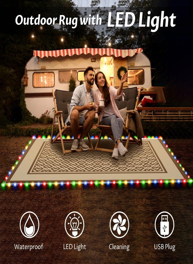 Pafolo Outdoor Rug Waterproof, 5'x8' Reversible Patio Rug with Lights, 4 Rug Stakes, Non Shedding, Easy Cleaning, Foldable Outside Mat for RV, Camping, Porch, Deck, Beach, Patio, Picnic, Brown&White - Image 3