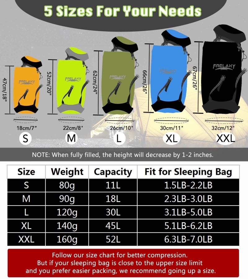 Frelaxy Compression Sack, 40% More Storage! 11L/18L/30L/45L Compression Stuff Sack, Water-Resistant & Ultralight Sleeping Bag Stuff Sack - Space Saving Gear for Camping, Traveling, Backpacking - Image 5