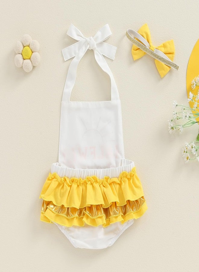 BULINGNA Baby Girl Half Birthday Outfit Half Way Arround the Sun Romper Summer Ruffle Cake Smash Onesie with Headband (White+Yellow, 3-6 Months) - Image 2