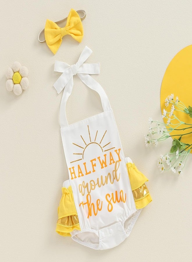 BULINGNA Baby Girl Half Birthday Outfit Half Way Arround the Sun Romper Summer Ruffle Cake Smash Onesie with Headband (White+Yellow, 3-6 Months) - Image 3