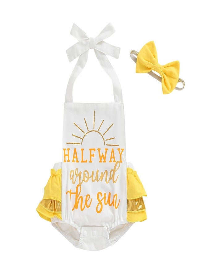BULINGNA Baby Girl Half Birthday Outfit Half Way Arround the Sun Romper Summer Ruffle Cake Smash Onesie with Headband (White+Yellow, 3-6 Months) - Image 1