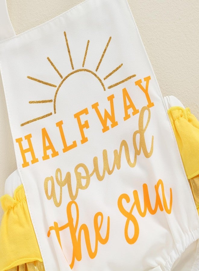 BULINGNA Baby Girl Half Birthday Outfit Half Way Arround the Sun Romper Summer Ruffle Cake Smash Onesie with Headband (White+Yellow, 3-6 Months) - Image 5