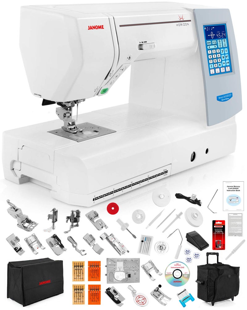 Janome Janome Memory Craft Horizon 8200 QCP Special Edition Computerized Sewing Machine wBlack Roller Accessory Trolley Case  SemiHard Cover  Much More 