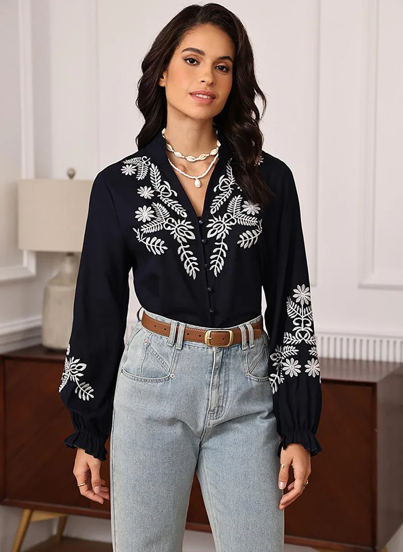 يونيكي Royal Blue V-Neck Long Sleeves Shirt Style Top