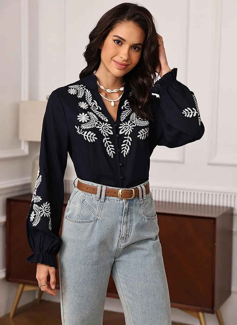 يونيكي Royal Blue V-Neck Long Sleeves Shirt Style Top