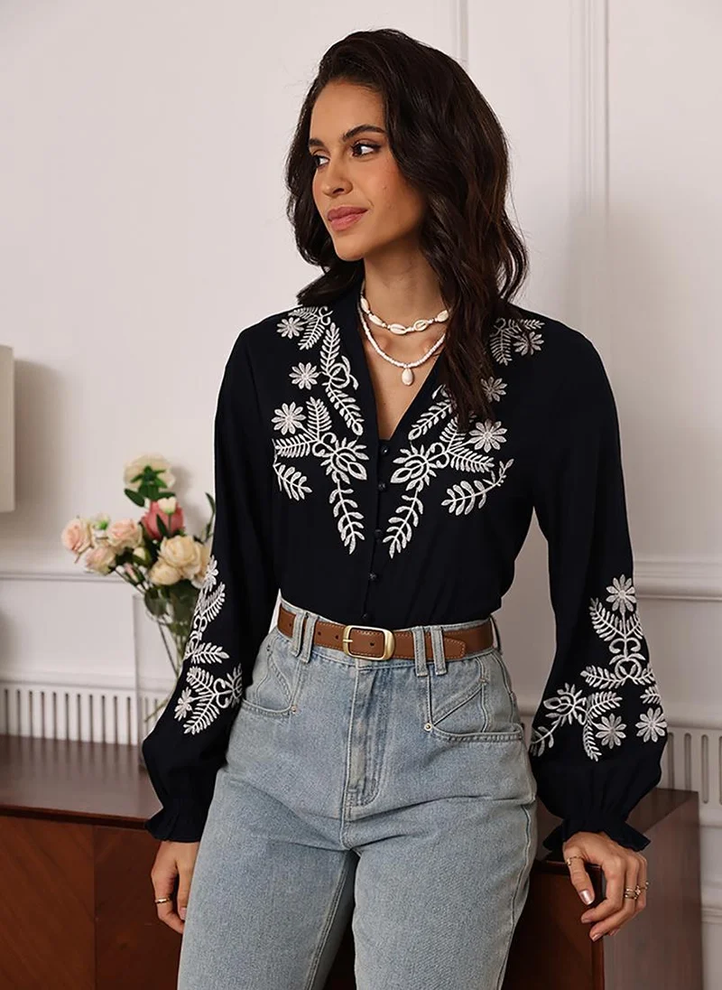 يونيكي Royal Blue V-Neck Long Sleeves Shirt Style Top