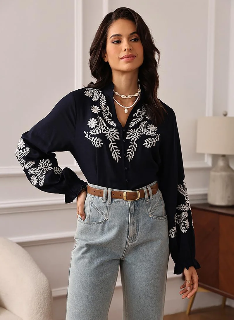 يونيكي Royal Blue V-Neck Long Sleeves Shirt Style Top