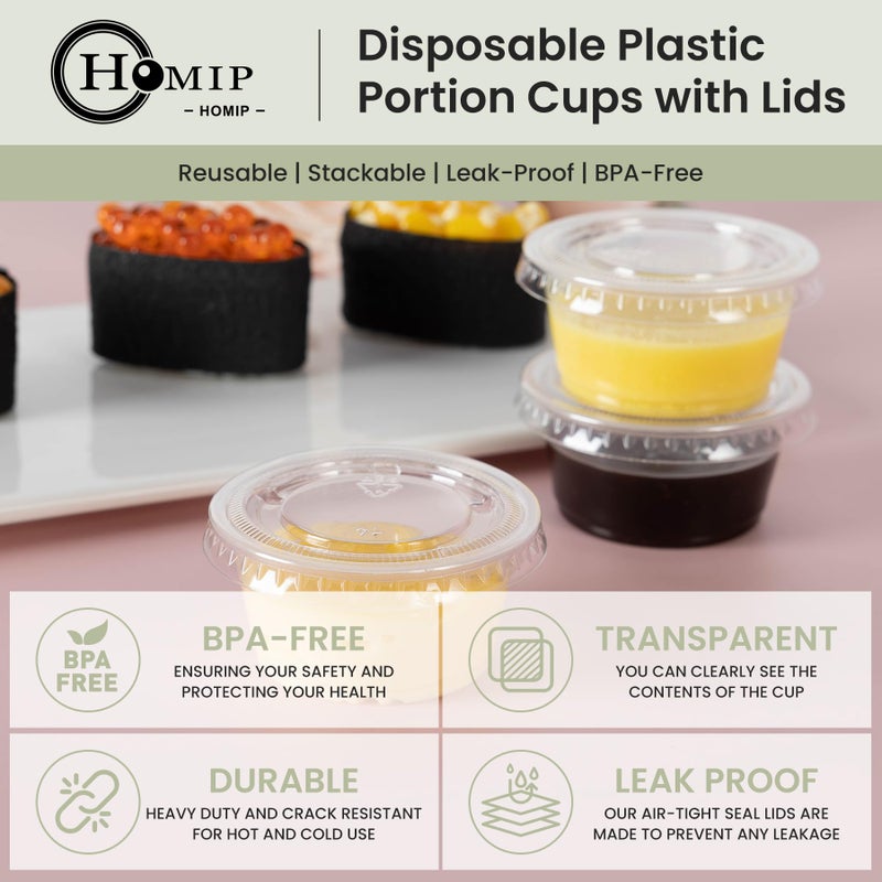 HOMIP 300 حزمة 2oz أكواب بلاستيكية يمكن التخلص منها مع أغطية أكواب صلصة صغيرة صغيرة للتحكم في جزء سلطة خلع الملابس أكواب محكم وأكواب بهار قابلة للتكديس لقضاء عطلة الحفلات والاستخدام اليومي - Image 3