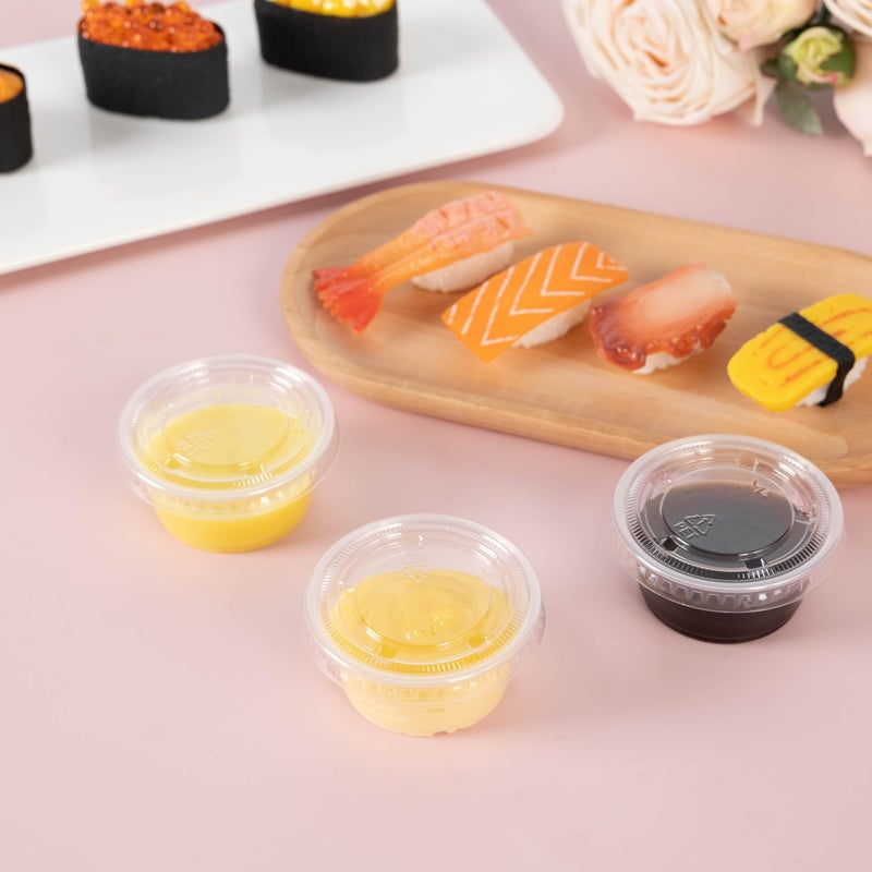 HOMIP 300 حزمة 2oz أكواب بلاستيكية يمكن التخلص منها مع أغطية أكواب صلصة صغيرة صغيرة للتحكم في جزء سلطة خلع الملابس أكواب محكم وأكواب بهار قابلة للتكديس لقضاء عطلة الحفلات والاستخدام اليومي - Image 5