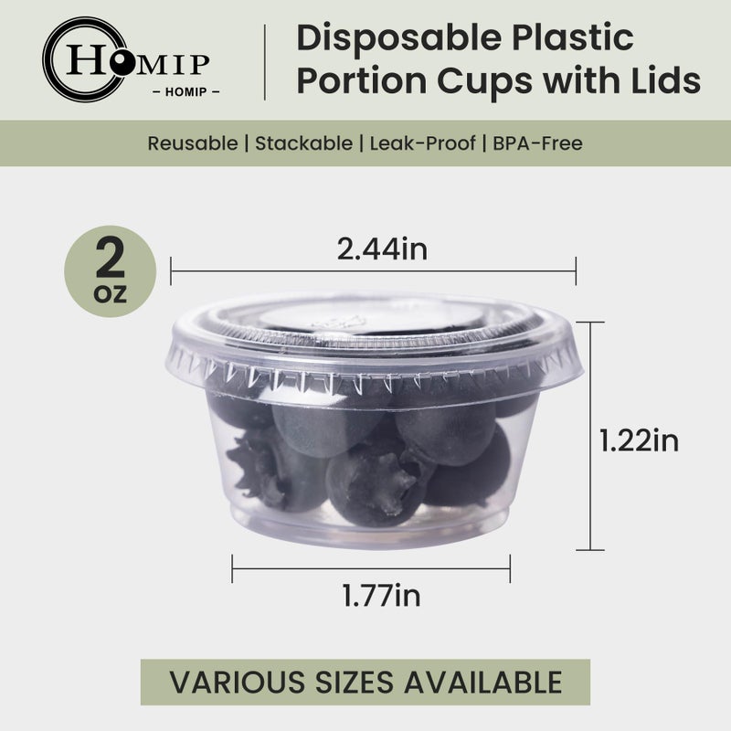 HOMIP 300 حزمة 2oz أكواب بلاستيكية يمكن التخلص منها مع أغطية أكواب صلصة صغيرة صغيرة للتحكم في جزء سلطة خلع الملابس أكواب محكم وأكواب بهار قابلة للتكديس لقضاء عطلة الحفلات والاستخدام اليومي - Image 2