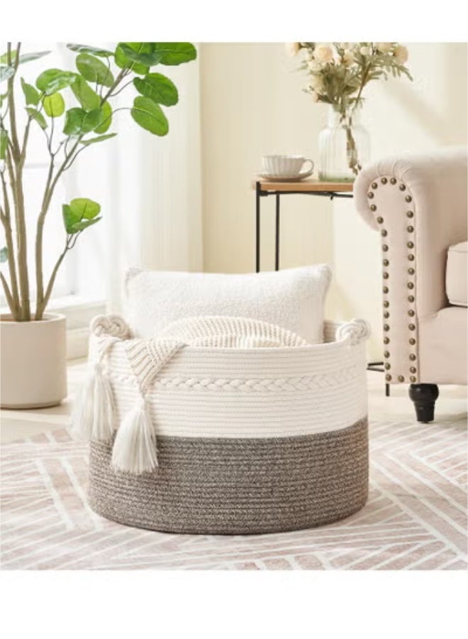 كيلا سلة كبيرة الحجم من الحبال القطنية، مقاس 40*40*35 سم، سلة غسيل منسوجة للأطفال، سلة بطانية، سلة ألعاب مع مقبض، وسادة لحاف للتخزين، سلة غسيل رمادية - Image 1