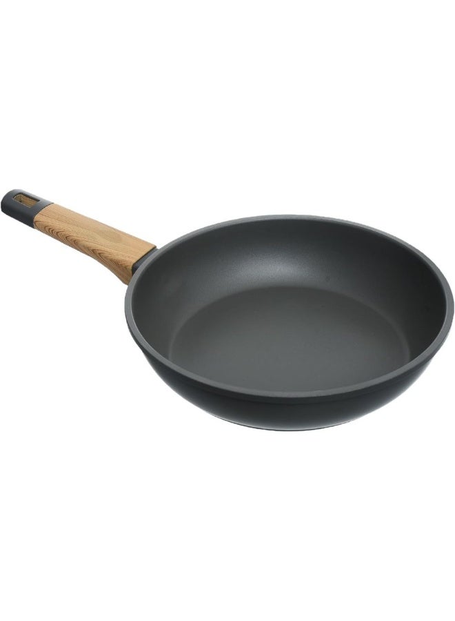 مقلاة عميقة غير لاصقة مع قاعدة حثية ومقبض خشبي، تسخين سريع ومتساوي، سهلة التنظيف، مقلاة ألومنيوم تعمل على جميع المواقد، لون أسود، 22 سم - Image 1