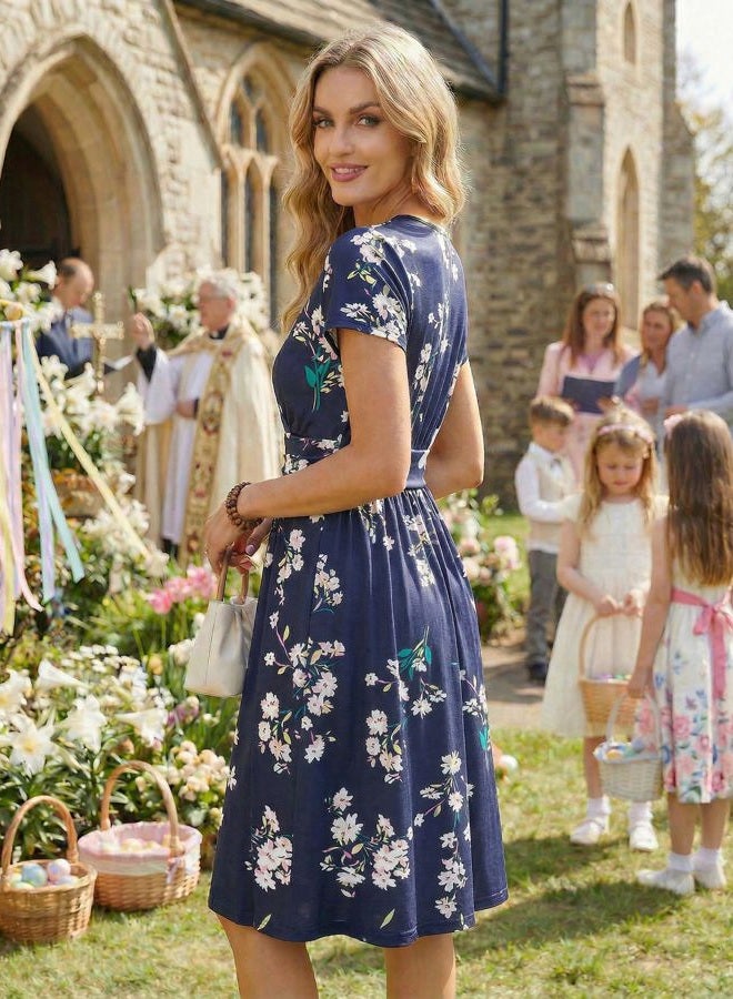 OUGES Women's Summer Short Sleeve V-Neck Floral Casual Ladies Dress with Pockets, Florals, XL - Image 4