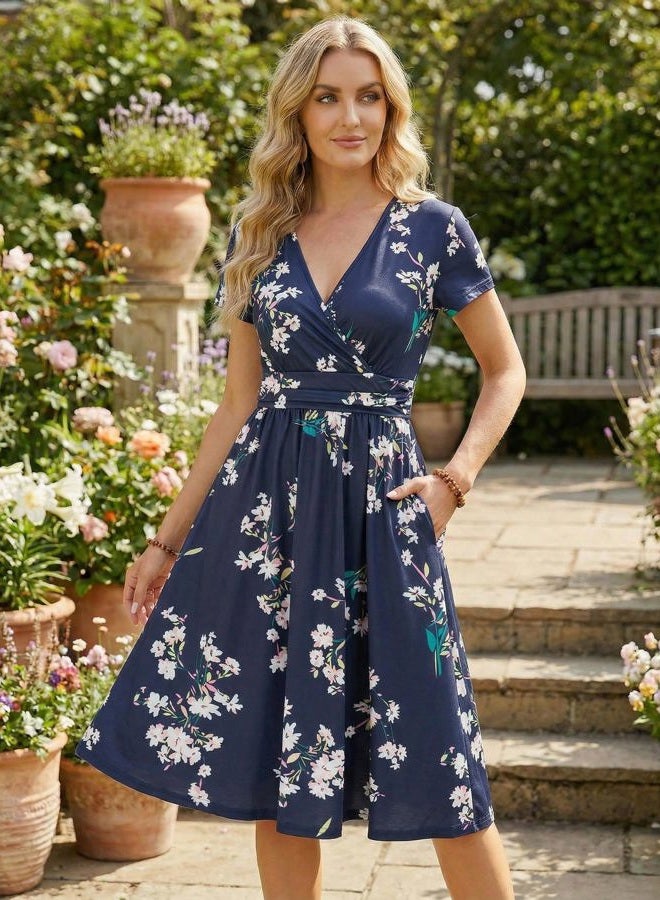 OUGES Women's Summer Short Sleeve V-Neck Floral Casual Ladies Dress with Pockets, Florals, XL - Image 2