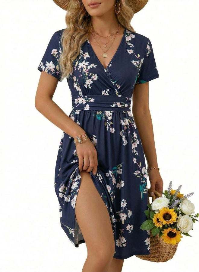 OUGES Women's Summer Short Sleeve V-Neck Floral Casual Ladies Dress with Pockets, Florals, XL - Image 1