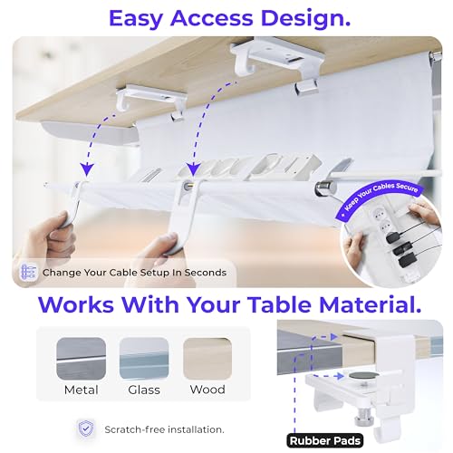 Ascrono Original No Drill Under Desk Cable Management Tray 40.6" - Premium White Fabric Cable Management Under Desk - Clamp/Screw Mount Cord Organizer - Supports Upto 66lbs - Large - Image 3