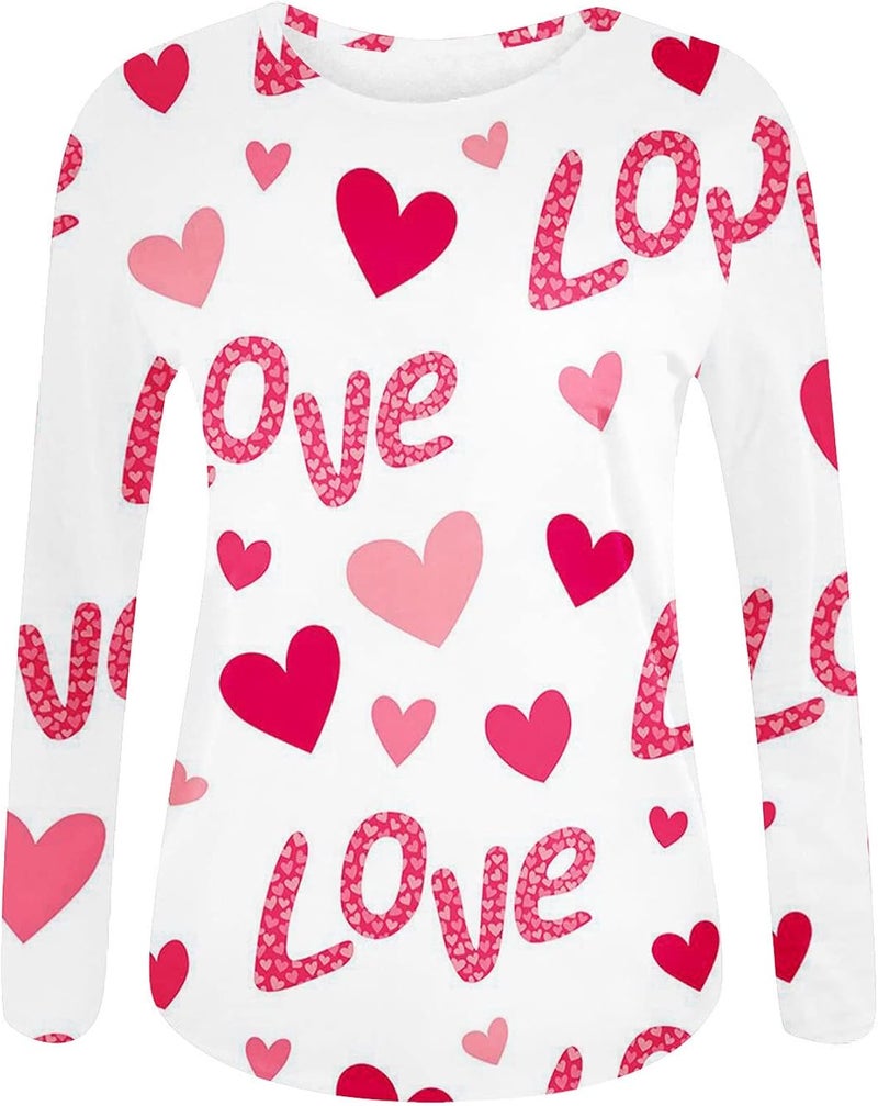 woobles Womens Casual Sweet Heart Print Valentine's Day Round Neck Long Sleeve Sweatshirts Casual Pullover Loose Be Tops 004-red - Image 5