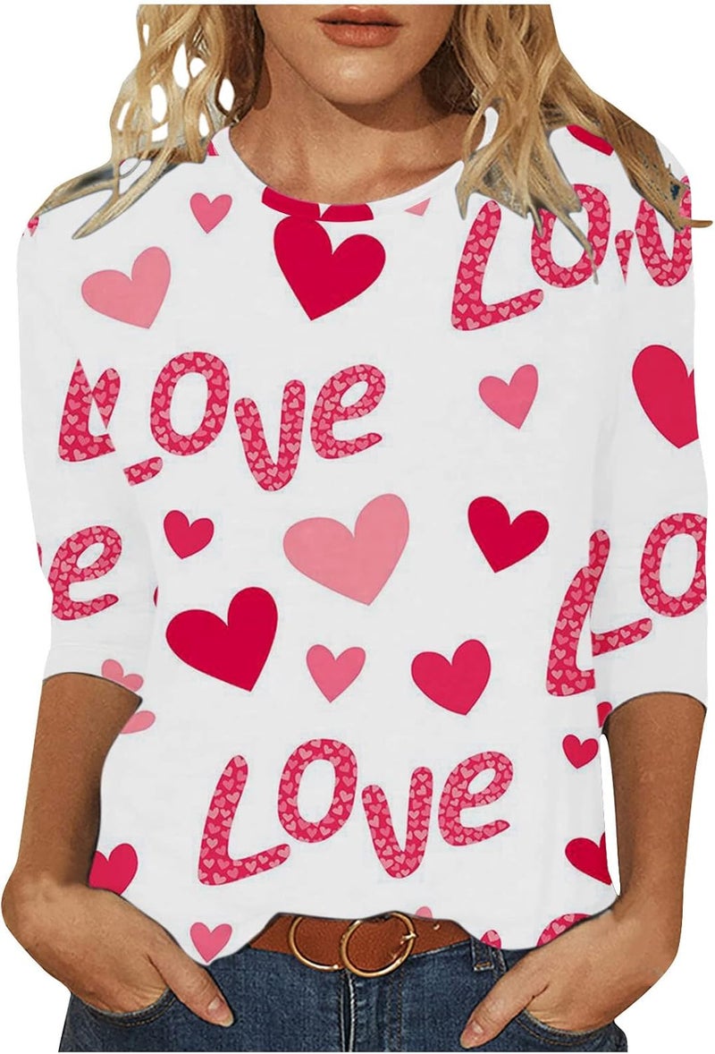 woobles Womens Casual Sweet Heart Print Valentine's Day Round Neck Long Sleeve Sweatshirts Casual Pullover Loose Be Tops 004-red - Image 1