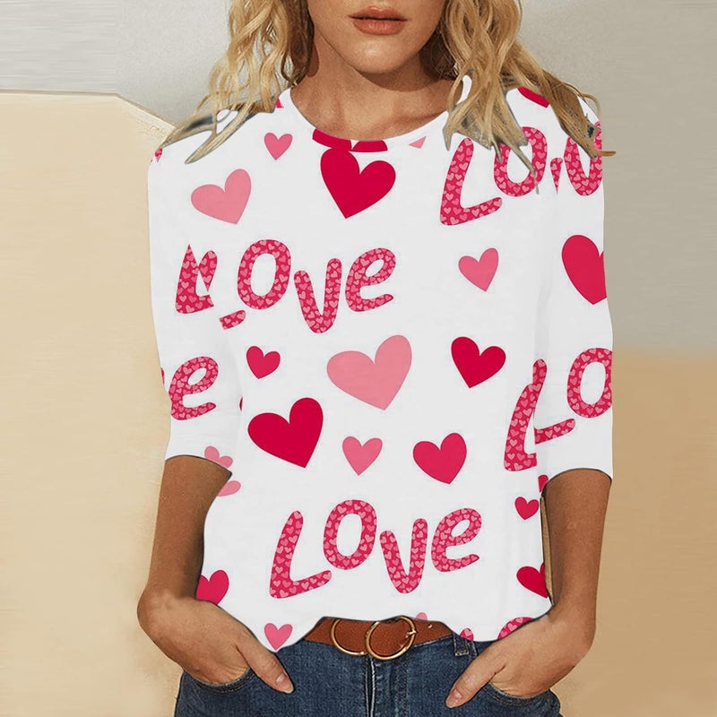 woobles Womens Casual Sweet Heart Print Valentine's Day Round Neck Long Sleeve Sweatshirts Casual Pullover Loose Be Tops 004-red - Image 4