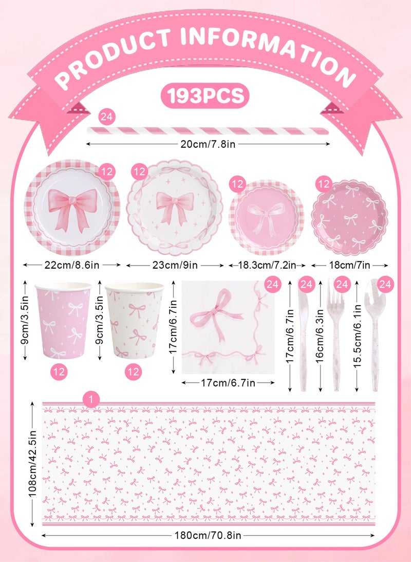 هومار كيت 193 قطعة من الأطباق الورقية والمناديل الورقية للاستخدام مرة واحدة، طقم أدوات مائدة بتصميم فيونكة للضيوف مكون من 24 قطعة، يشمل أطباق ورقية مزخرفة، مناديل، أكواب، شفاطات، ملاعق بلاستيكية، شوك، وسكاكين للحفلات، حفلات الزفاف، وأعياد الميلاد (وردي/أبيض). - Image 3