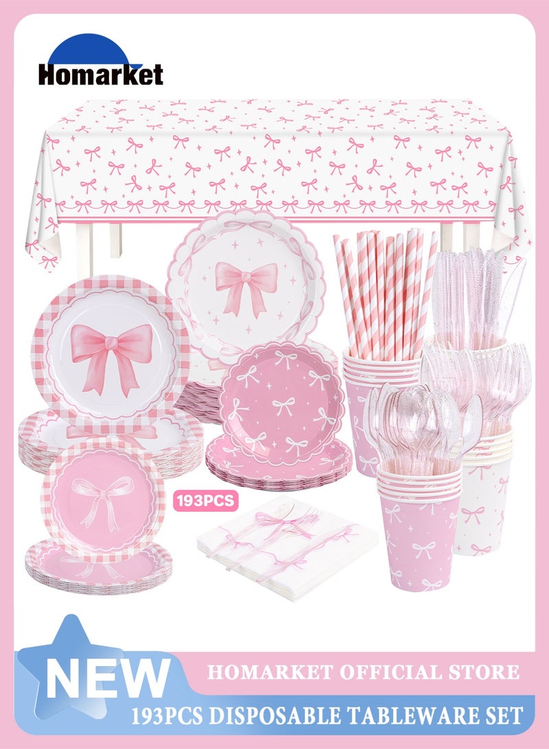 هومار كيت 193 قطعة من الأطباق الورقية والمناديل الورقية للاستخدام مرة واحدة، طقم أدوات مائدة بتصميم فيونكة للضيوف مكون من 24 قطعة، يشمل أطباق ورقية مزخرفة، مناديل، أكواب، شفاطات، ملاعق بلاستيكية، شوك، وسكاكين للحفلات، حفلات الزفاف، وأعياد الميلاد (وردي/أبيض). - Image 1