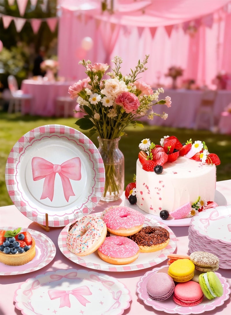 هومار كيت 193 قطعة من الأطباق الورقية والمناديل الورقية للاستخدام مرة واحدة، طقم أدوات مائدة بتصميم فيونكة للضيوف مكون من 24 قطعة، يشمل أطباق ورقية مزخرفة، مناديل، أكواب، شفاطات، ملاعق بلاستيكية، شوك، وسكاكين للحفلات، حفلات الزفاف، وأعياد الميلاد (وردي/أبيض). - Image 2