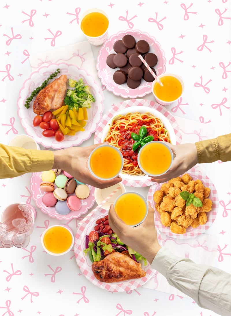 هومار كيت 193 قطعة من الأطباق الورقية والمناديل الورقية للاستخدام مرة واحدة، طقم أدوات مائدة بتصميم فيونكة للضيوف مكون من 24 قطعة، يشمل أطباق ورقية مزخرفة، مناديل، أكواب، شفاطات، ملاعق بلاستيكية، شوك، وسكاكين للحفلات، حفلات الزفاف، وأعياد الميلاد (وردي/أبيض). - Image 4