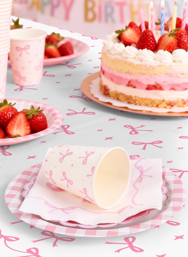 هومار كيت 193 قطعة من الأطباق الورقية والمناديل الورقية للاستخدام مرة واحدة، طقم أدوات مائدة بتصميم فيونكة للضيوف مكون من 24 قطعة، يشمل أطباق ورقية مزخرفة، مناديل، أكواب، شفاطات، ملاعق بلاستيكية، شوك، وسكاكين للحفلات، حفلات الزفاف، وأعياد الميلاد (وردي/أبيض). - Image 5