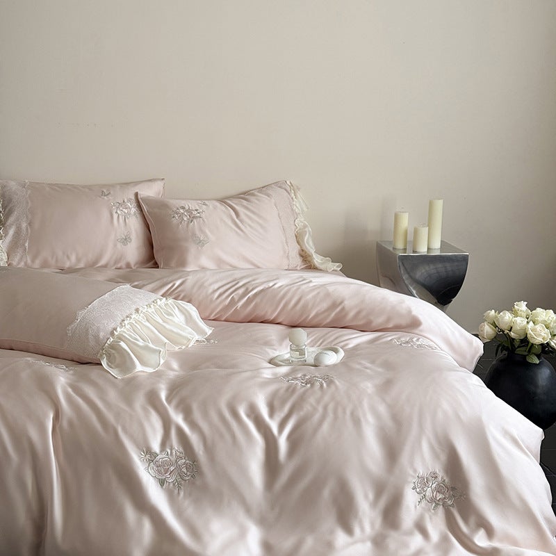 Spring Love Pink - 100-Thread Count Lyocell 4-Piece Bed Sheet Set – Summer Cooling Embroidery  Bedding - Image 1