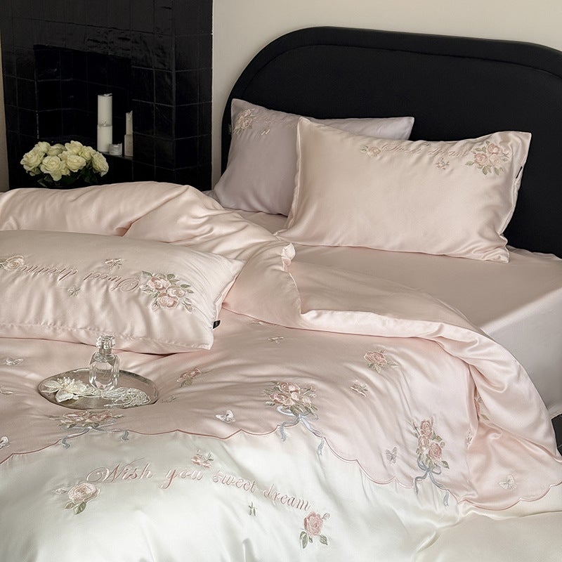 Spring Love Pink - 100-Thread Count Lyocell 4-Piece Bed Sheet Set – Summer Cooling Embroidery  Bedding - Image 2
