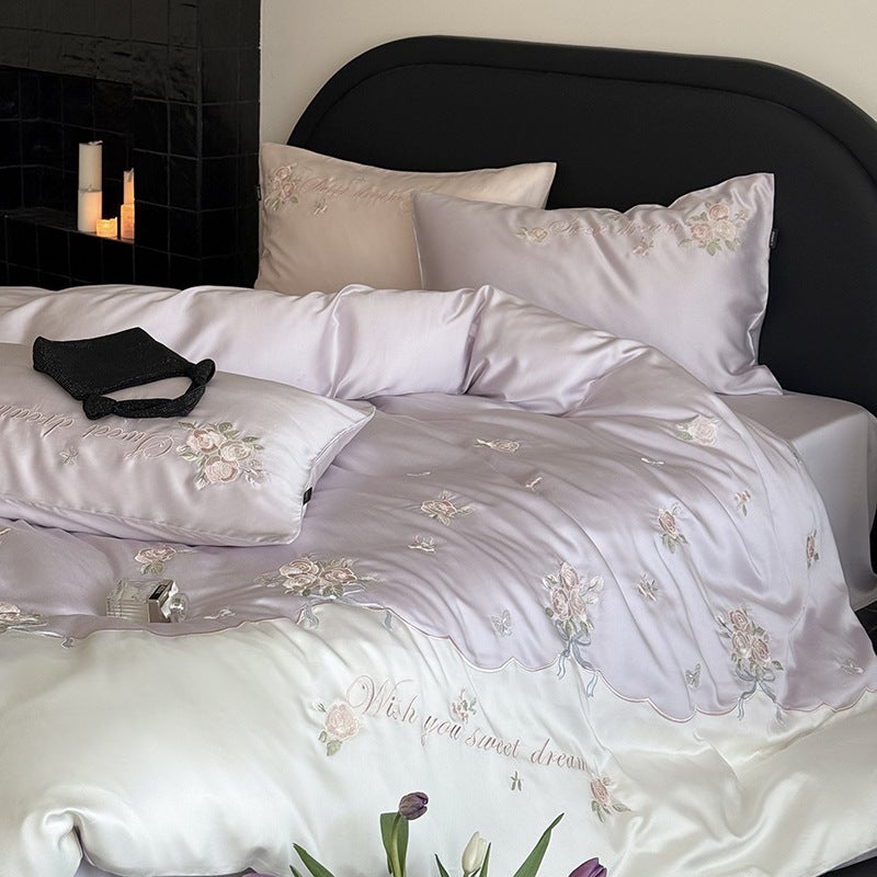 Spring Love Pink - 100-Thread Count Lyocell 4-Piece Bed Sheet Set – Summer Cooling Embroidery  Bedding - Image 3