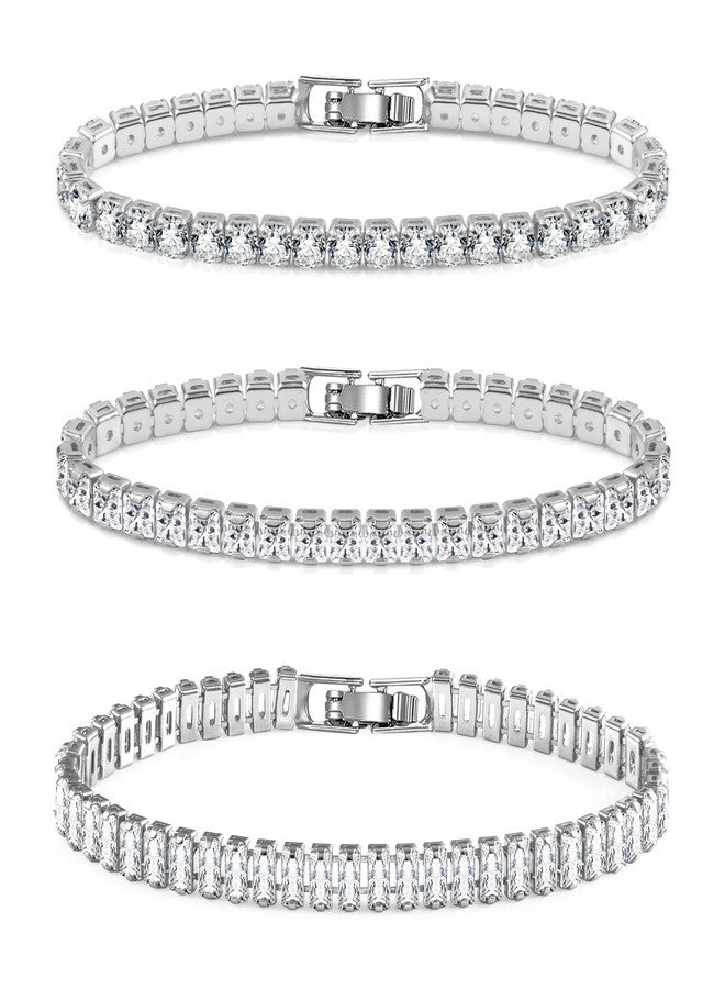 LANCHARMED Silver Tennis Bracelets for Women Set 3 PCS 4MM 5MM Mixed Cubic Zirconia Classic Tennis Chain Bracelet for Men Fashion Jewelry (6.9") - Image 1