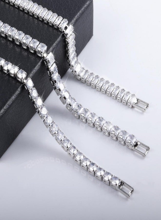 LANCHARMED Silver Tennis Bracelets for Women Set 3 PCS 4MM 5MM Mixed Cubic Zirconia Classic Tennis Chain Bracelet for Men Fashion Jewelry (6.9") - Image 2