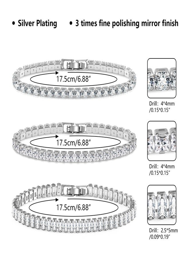 LANCHARMED Silver Tennis Bracelets for Women Set 3 PCS 4MM 5MM Mixed Cubic Zirconia Classic Tennis Chain Bracelet for Men Fashion Jewelry (6.9") - Image 4