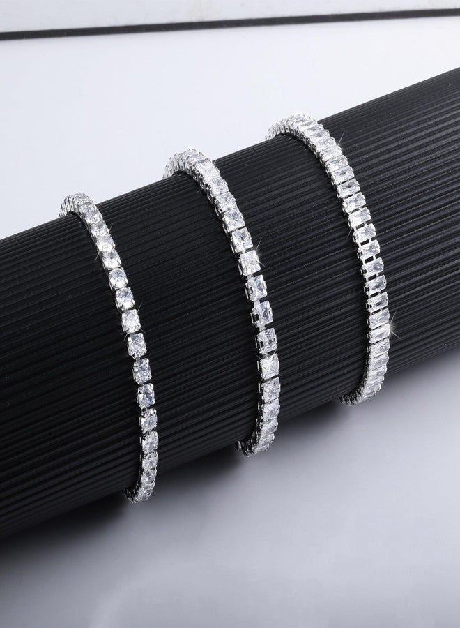 LANCHARMED Silver Tennis Bracelets for Women Set 3 PCS 4MM 5MM Mixed Cubic Zirconia Classic Tennis Chain Bracelet for Men Fashion Jewelry (6.9") - Image 3