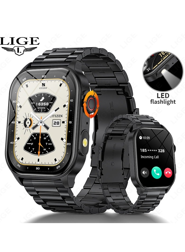 LIGE Men's Smart Watch with LED Flashlight 2.01" HD Large Screen Big Battery Suitable for Outdoor/Sport/Fitness Bluetooth Call AI Voice Waterproof Metal & Silicone Black Strap - Image 1