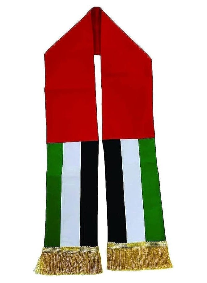UAE National Day Flag Scarf – 150 x 15 cm – Patriotic Red, Green, White, Black Colors with Golden Fringe – Lightweight Scarf for Men and Women – National Day Gift 
