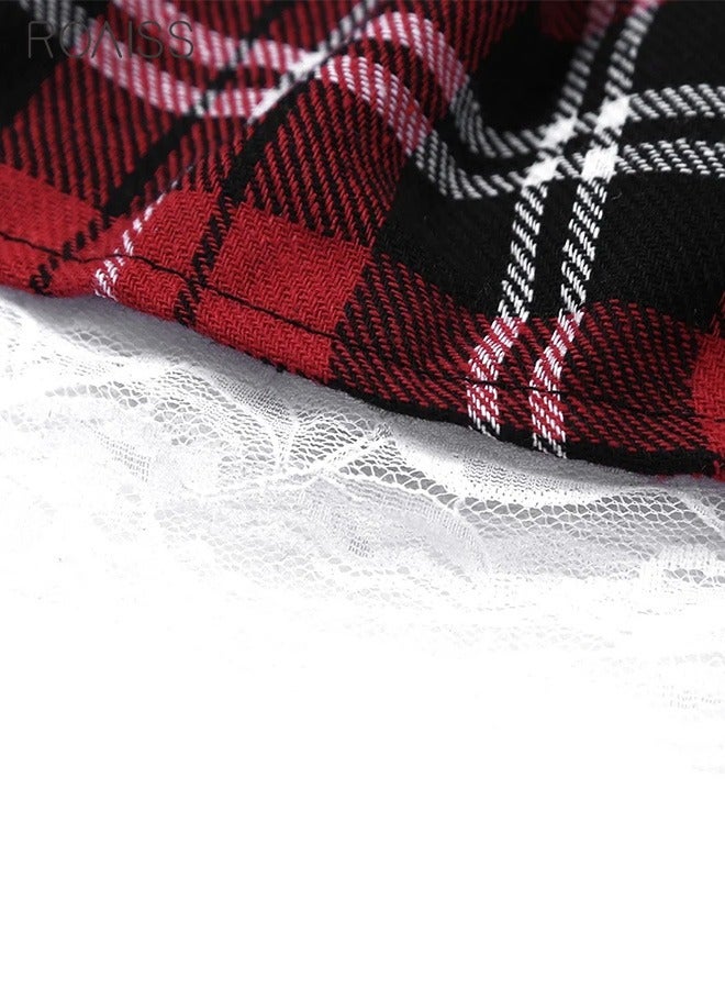 roaiss 2-Piece Uniform Pajamas Hanging Neck Hollow Short Top Checkered Lace Patchwork Skirt  - Image 3