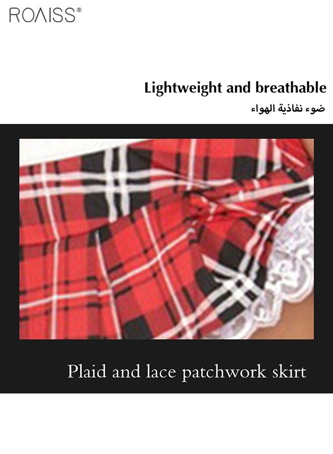 roaiss 2-Piece Uniform Pajamas Hanging Neck Hollow Short Top Checkered Lace Patchwork Skirt  - Image 2