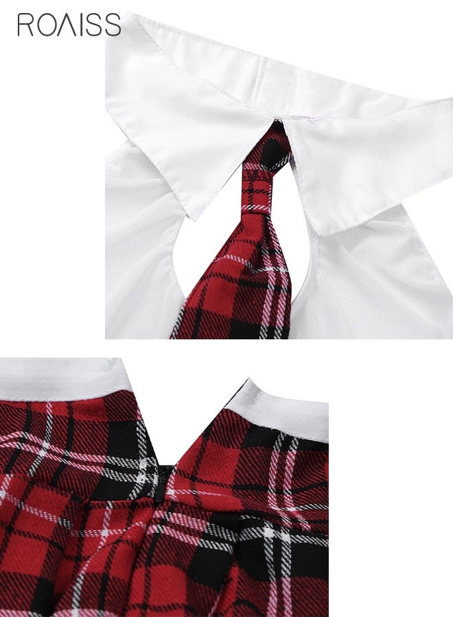 roaiss 2-Piece Uniform Pajamas Hanging Neck Hollow Short Top Checkered Lace Patchwork Skirt  - Image 1