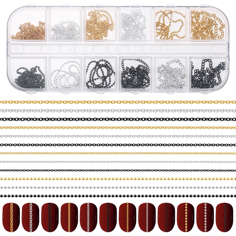Hariendny 12 Strips Nail Chain Charms, Metal Nail Art Chains, 3D Gold Silver Dark Gray Nail Chains, Nail Jewelry Chains, Line Nail Charms, Nail Decorations with Box for Manicure Decoration DIY - Image 1