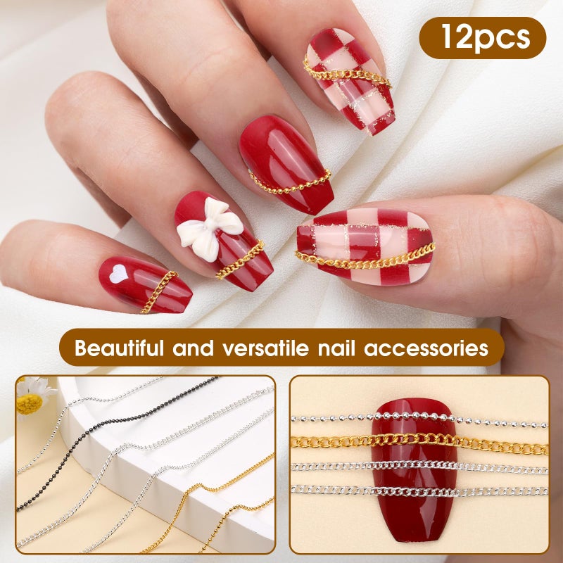 Hariendny 12 Strips Nail Chain Charms, Metal Nail Art Chains, 3D Gold Silver Dark Gray Nail Chains, Nail Jewelry Chains, Line Nail Charms, Nail Decorations with Box for Manicure Decoration DIY - Image 3
