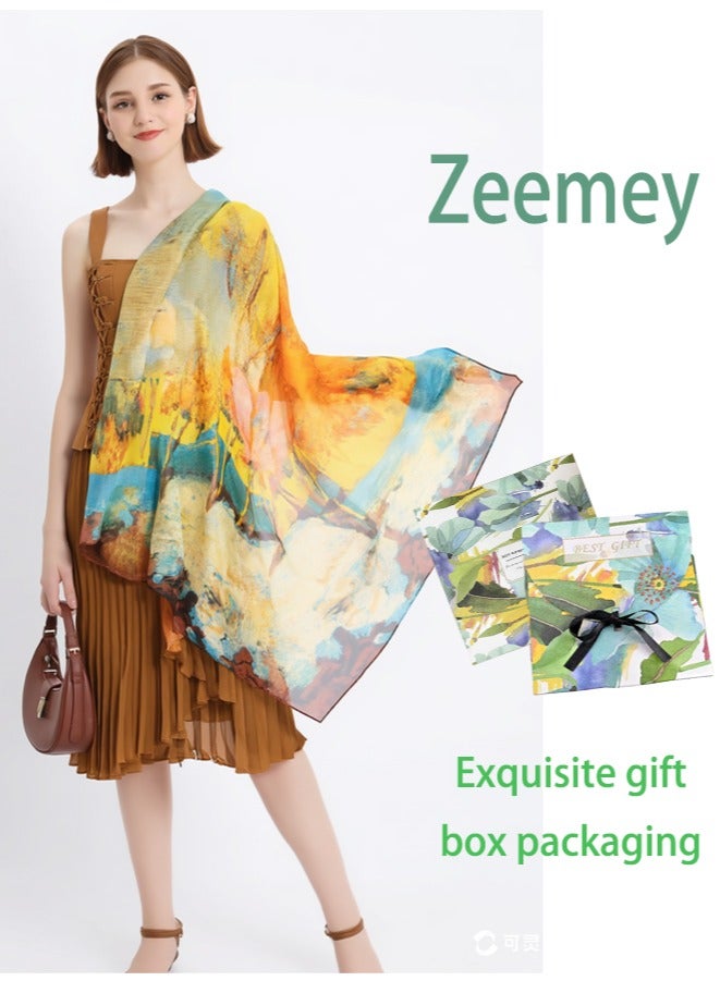 Zeemey Women's artistic oil painting style scarf, rich in color like a natural scroll, light and breathable material, large size can be used as a shawl, fashionable and artistic (160*50CM) - Image 1
