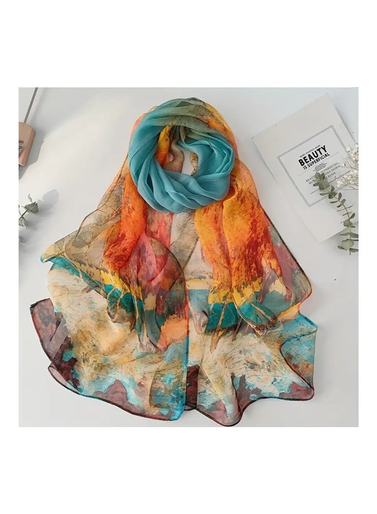 Zeemey Women's artistic oil painting style scarf, rich in color like a natural scroll, light and breathable material, large size can be used as a shawl, fashionable and artistic (160*50CM) - Image 5