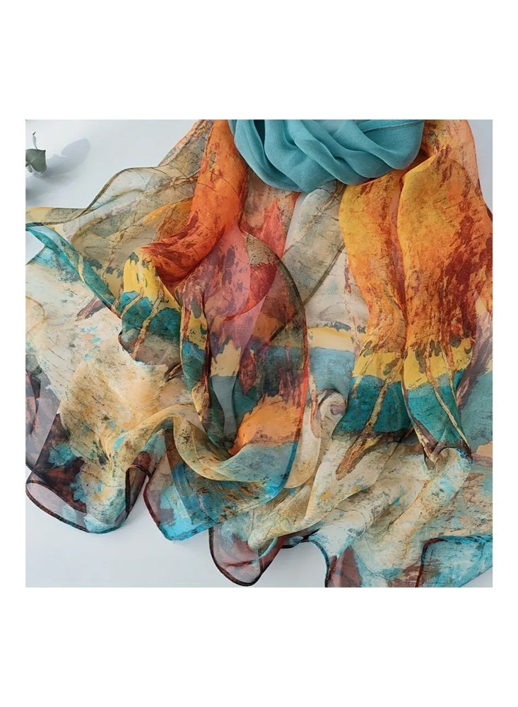 Zeemey Women's artistic oil painting style scarf, rich in color like a natural scroll, light and breathable material, large size can be used as a shawl, fashionable and artistic (160*50CM) - Image 4