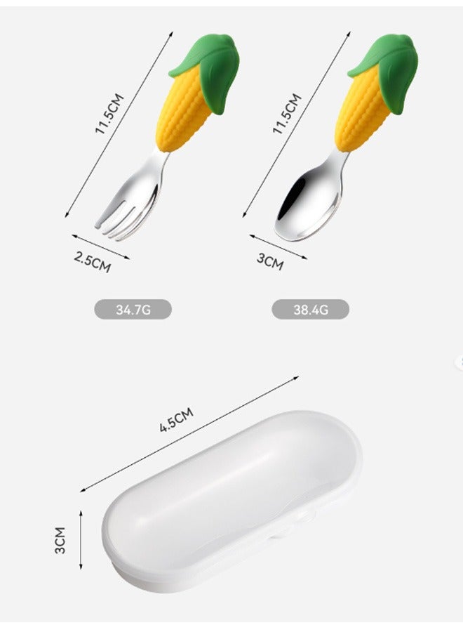 GMORO Cartoon Corn Shape Baby Fork and Spoon Set,Stainless Steel Utensils Cutlery Kit with Travel Safe Carry Case for Toddler Self Feeding Learning - Image 2